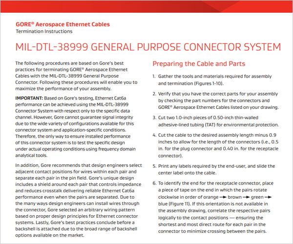 GORE? Aerospace Ethernet Cables - Termination Instructions - MIL-DTL-38999 General Purpose Connector System Document Thumbnail